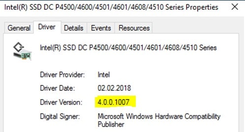 Intel NVMe DC P4600TreiberVersion4.0
